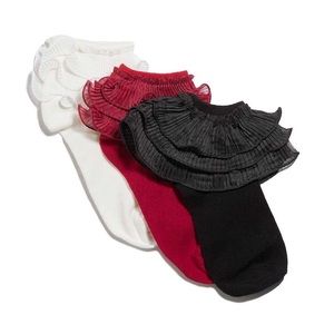 Lele Sadoughi set of 3 pleated Bobby socks in white, black and crimson
